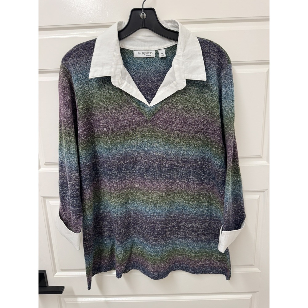 Kim Rogers Womens 1X Layered Sweater Collared 3/4 Sleeve Multicolor Pullover